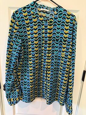 Calvin Klein Chevron Print Blouse in Teal, Blue, Black & Yellow-Green